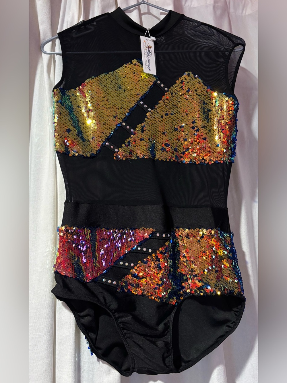 GLAMOUR Dance Costume Leotard - Black with Gold/Multi Sequins - Adult Medium